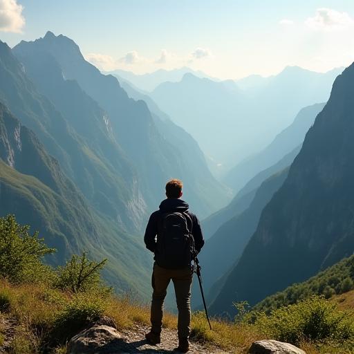A hiker looking over a stunning alpine valley.