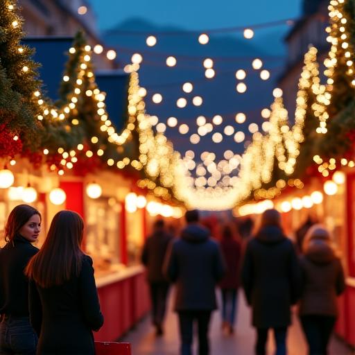 A bustling Christmas market in Salzburg with festive lights.