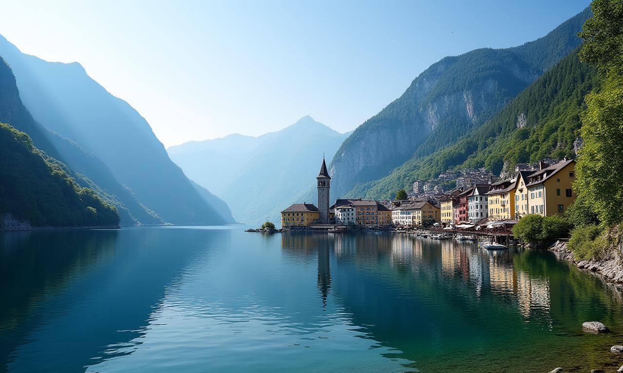 Panoramic view of Hallstatt, Austria, on a sunny day.