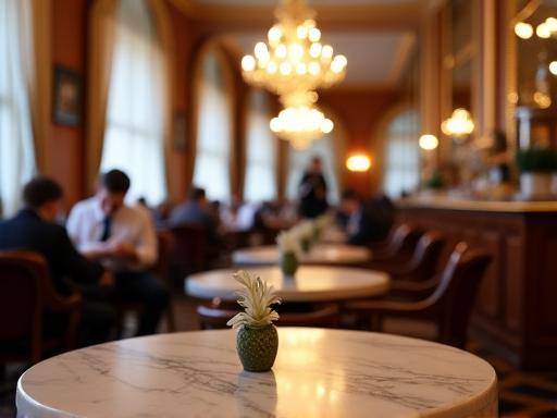 An elegant Viennese coffee house with marble tables.
