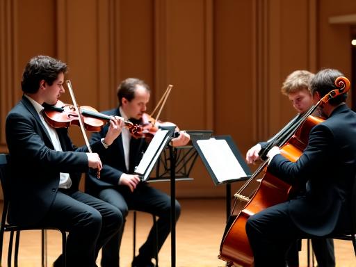 A classical music quartet performing in a grand hall.
