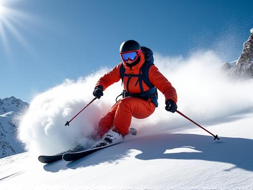A skier carving through fresh powder snow in the Alps.